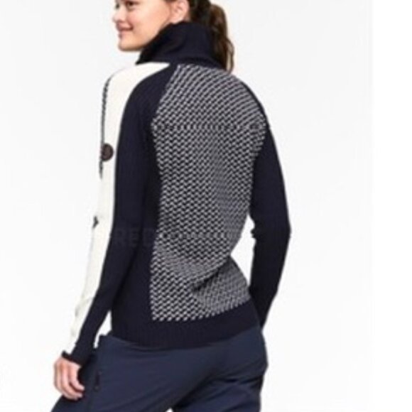 KARI TRAA Smekker Navy White Knit Long Sleeve Zip Turtleneck Sweater Small - Picture 3 of 14